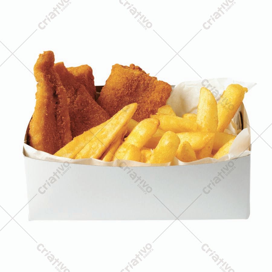 Peixe frito e batatas fritas em caixa branca