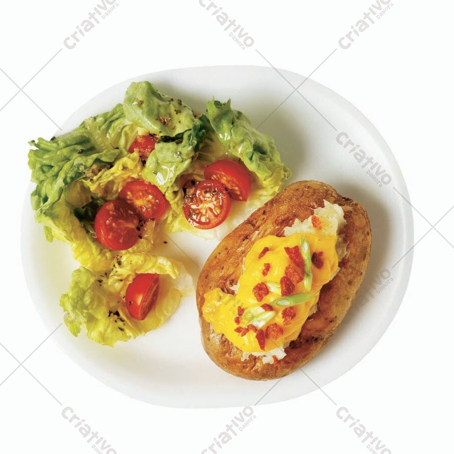 Batata recheada com queijo cheddar e salada
