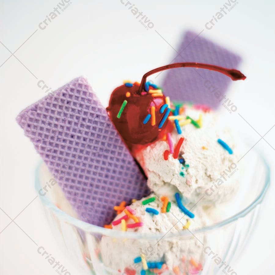 Sorvete com cereja e wafer roxo