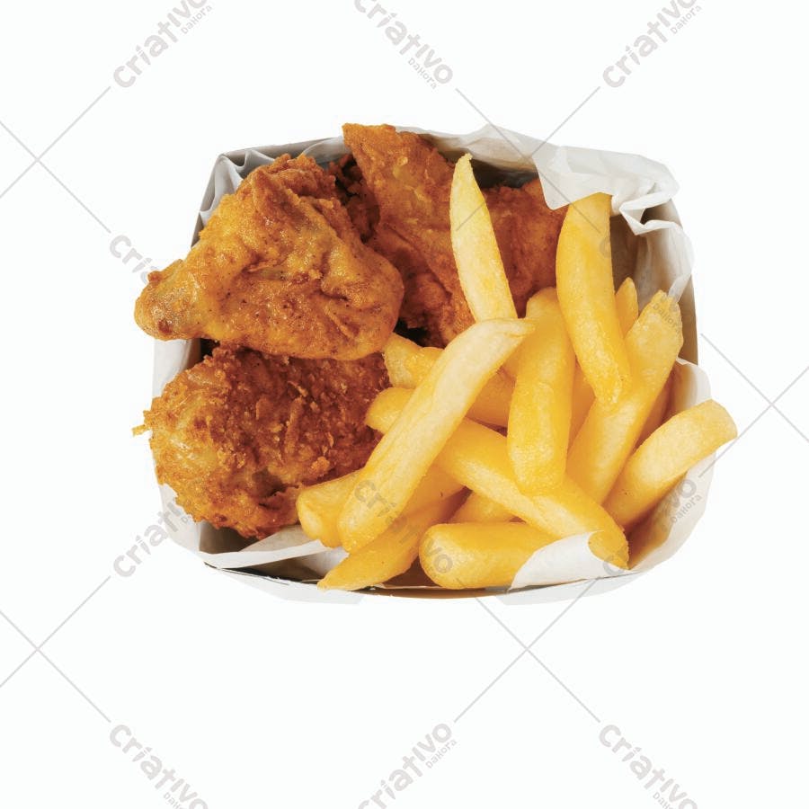 Frango frito e batatas fritas em cesta