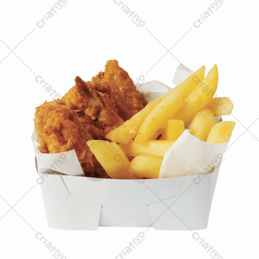 Frango frito e batatas fritas em caixa