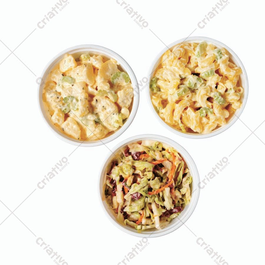 Três saladas em copinhos brancos