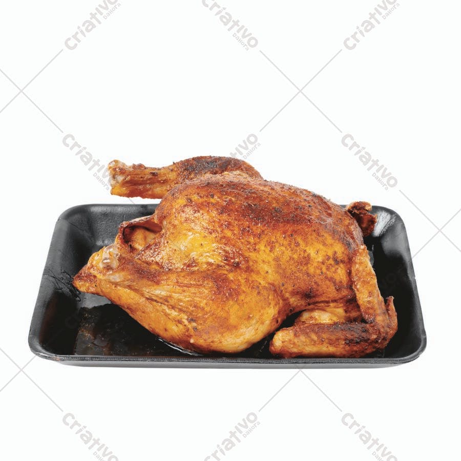 Frango assado em bandeja preta