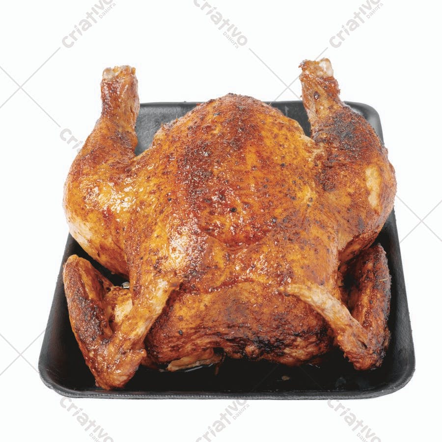 Frango assado dourado em bandeja escura