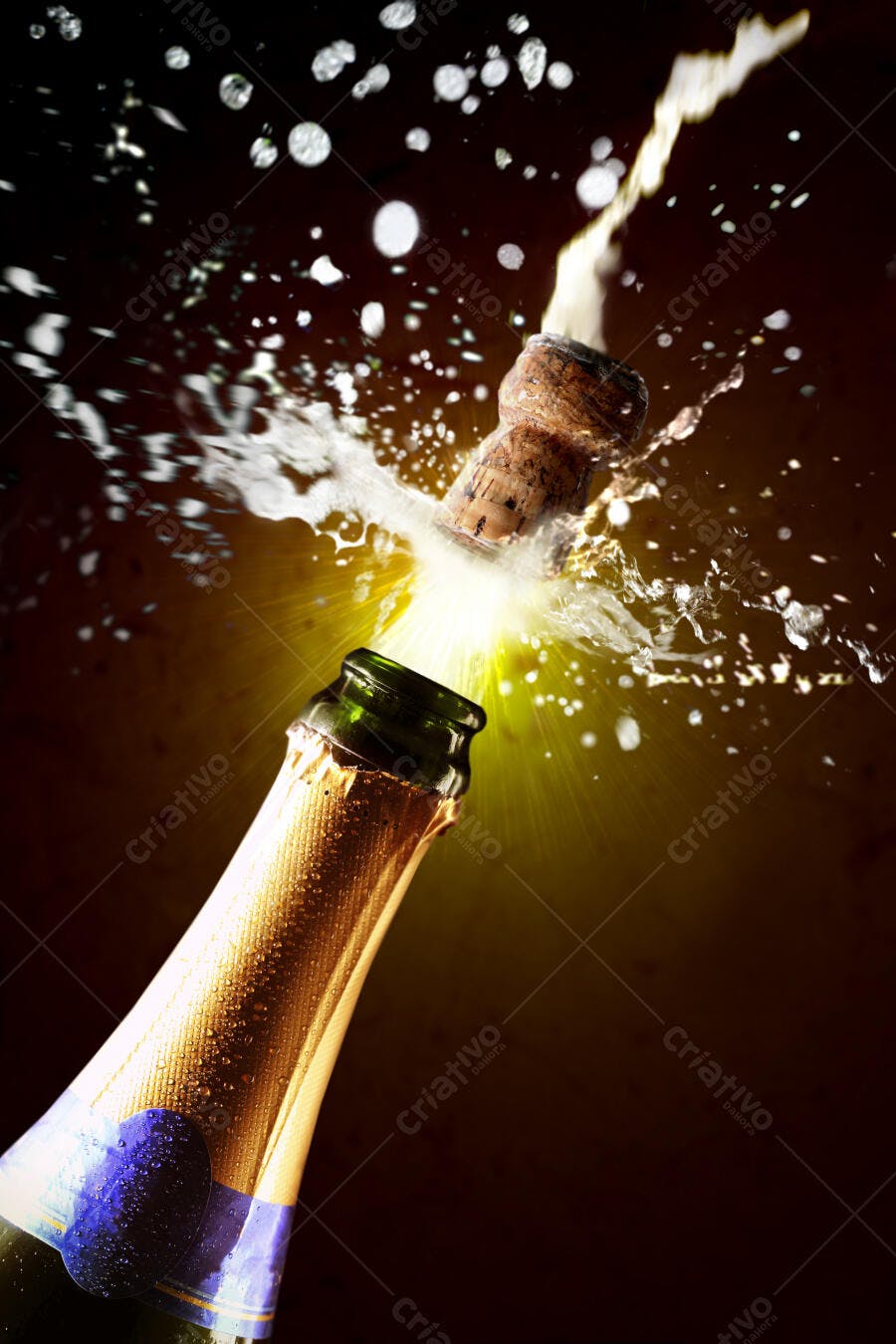 Champagne explodindo garrafa fundo escuro