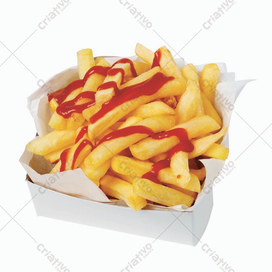 Batatas fritas com ketchup em caixa branca