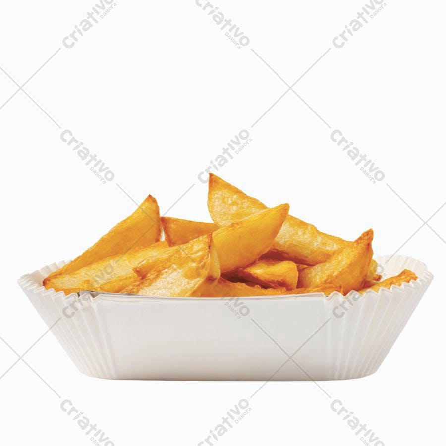 Batatas fritas em formato de cunha em recipiente branco