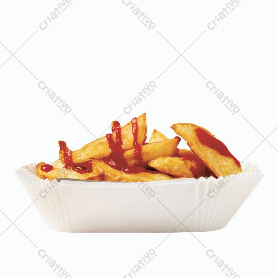 Batata frita com ketchup em embalagem branca
