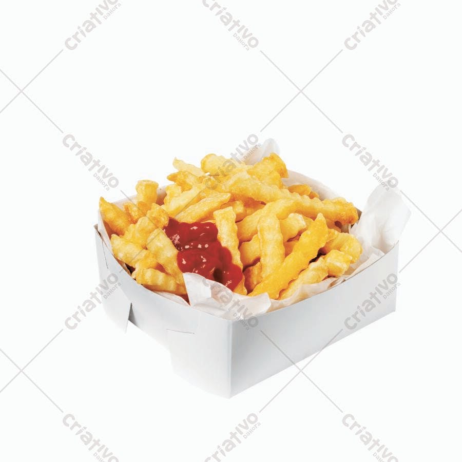 Batata frita com ketchup em caixa branca