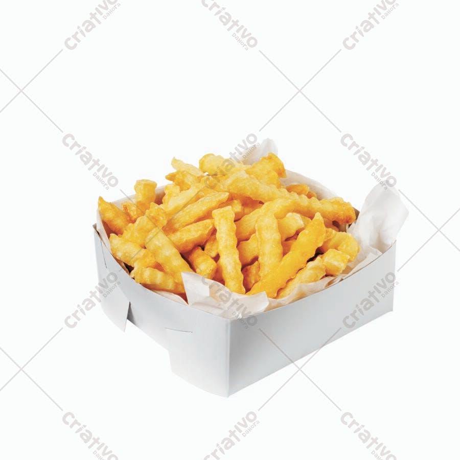 Batatas fritas crocantes em caixa branca