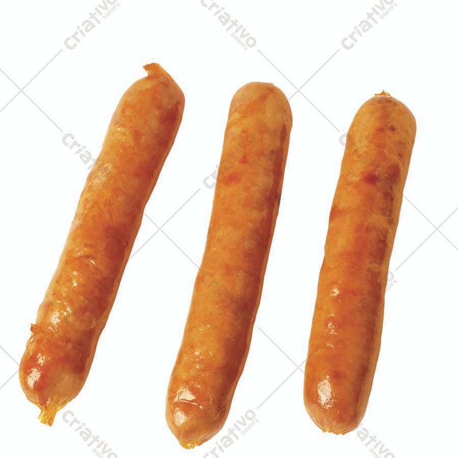Três salsichas assadas fundo branco