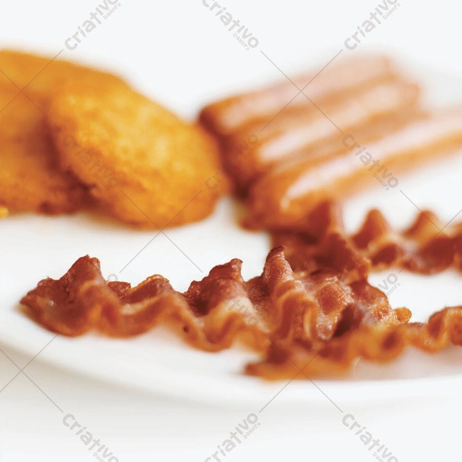 Bacon crocante com hash browns e salsichas