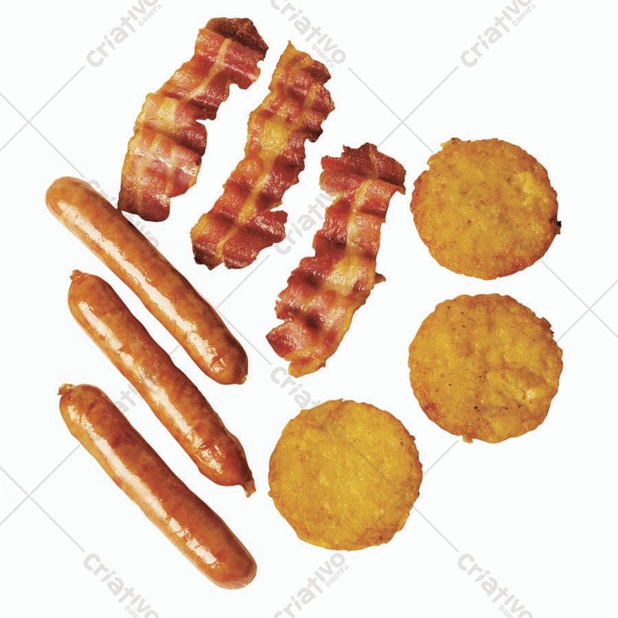 Café da manhã com salsichas bacon e hash browns