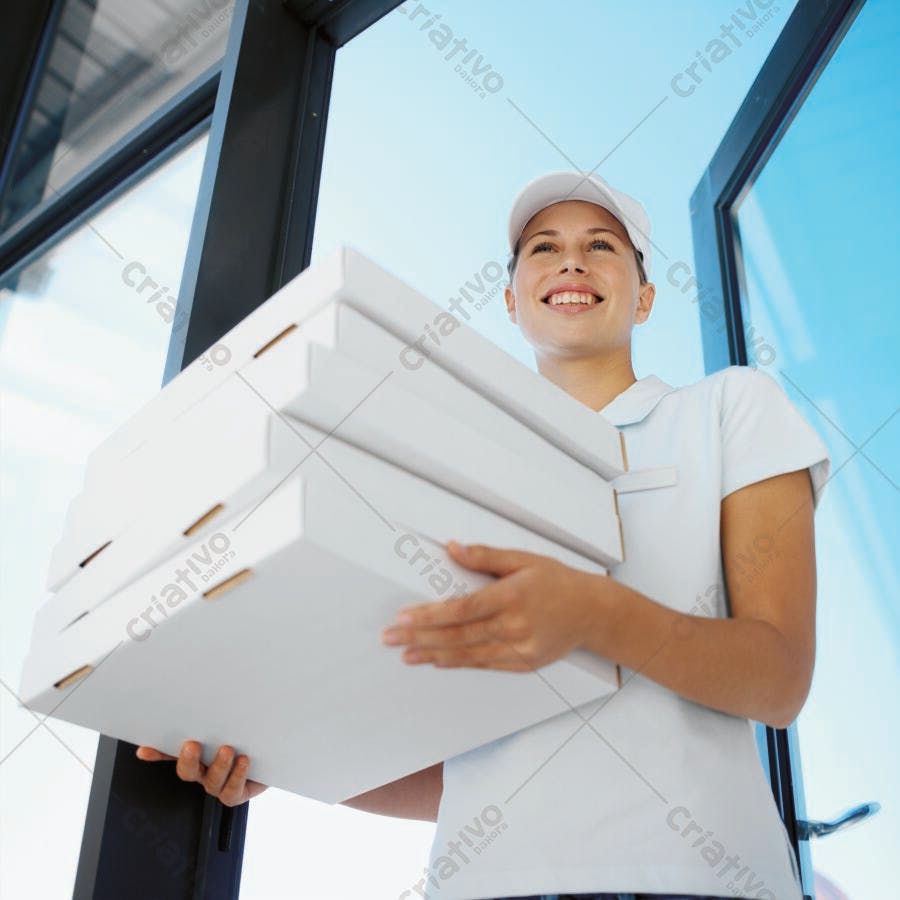 Entregadora sorridente com caixas de pizza