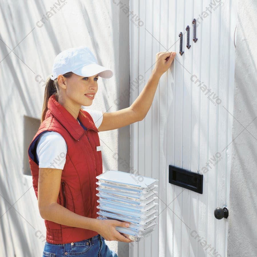 Entregadora batendo na porta com marmitas