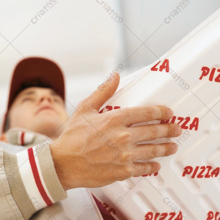 Mãos segurando caixa de pizza branca