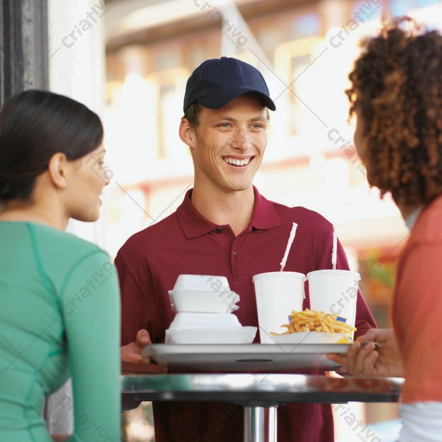 Atendente entregando pedido de fast food