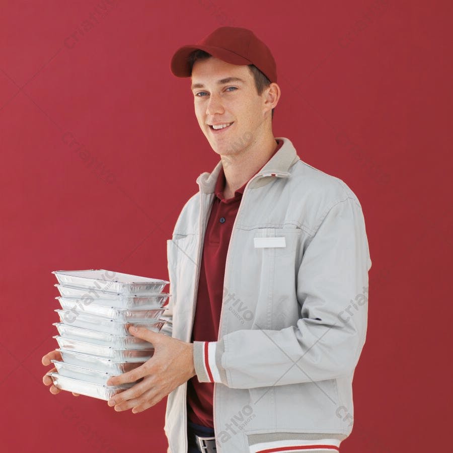 Entregador sorrindo com marmitas