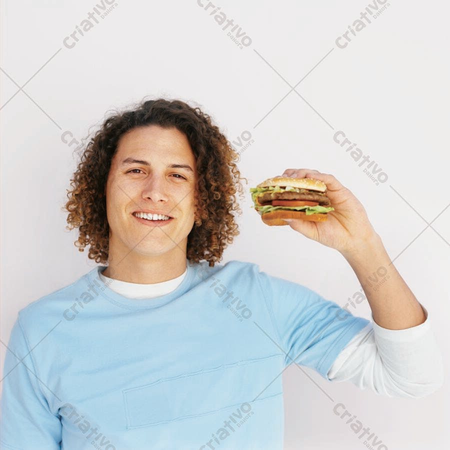 Homem sorridente segurando hambúrguer saboroso