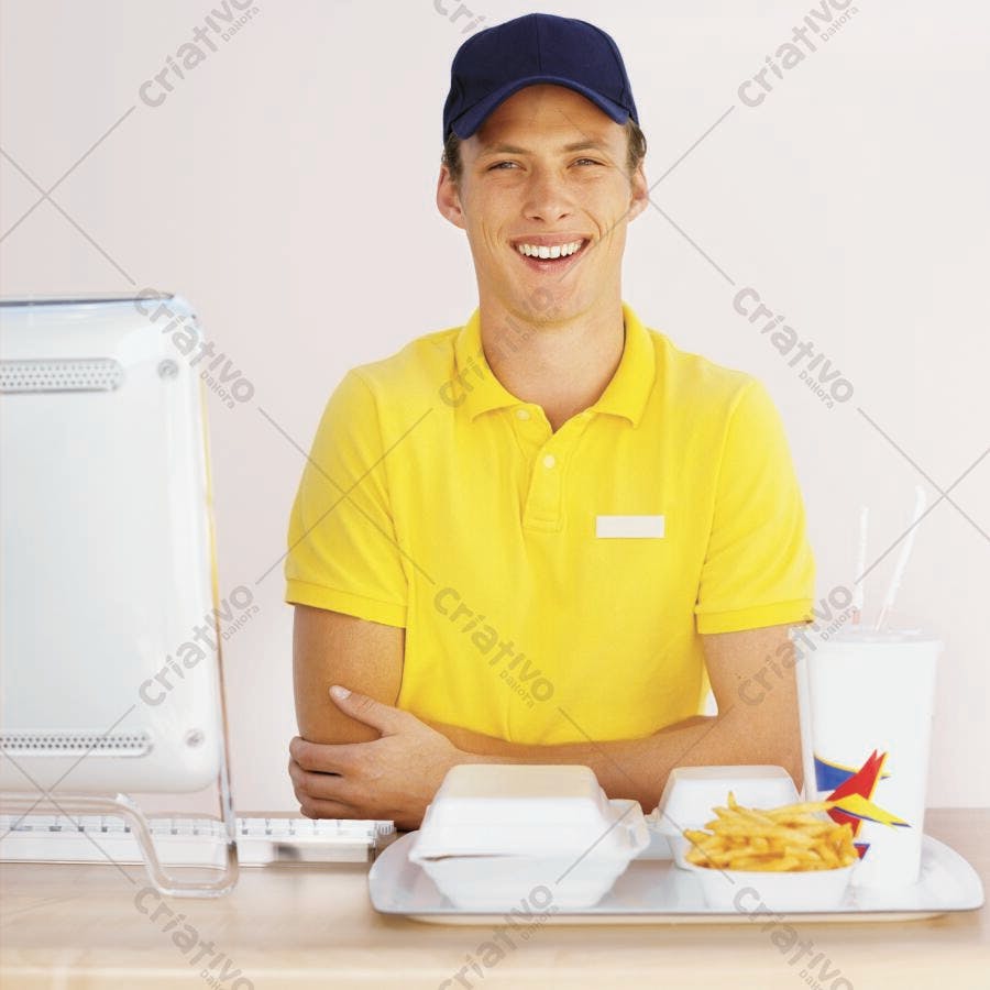 Funcionário sorridente em lanchonete com comida