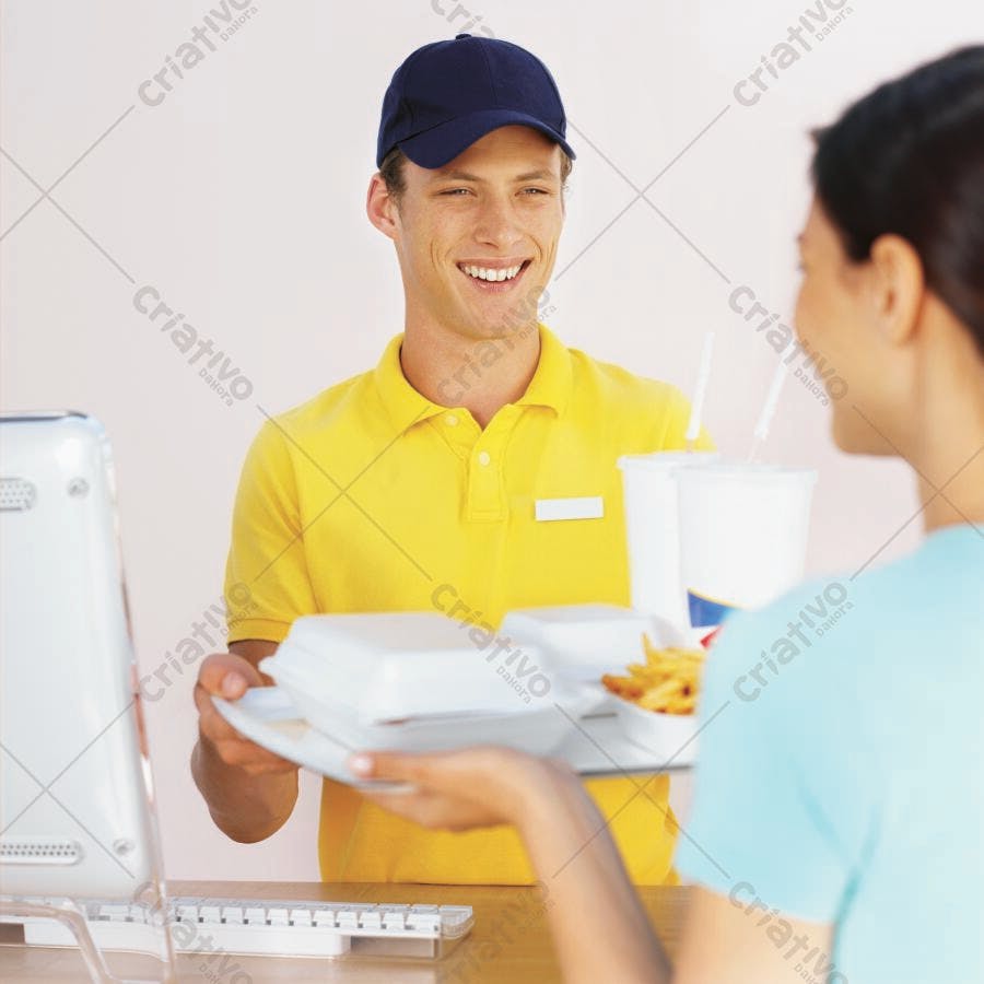 Atendente entregando pedido de fast food