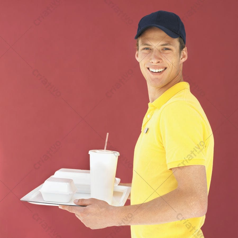 Entregador sorrindo com bandeja de comida