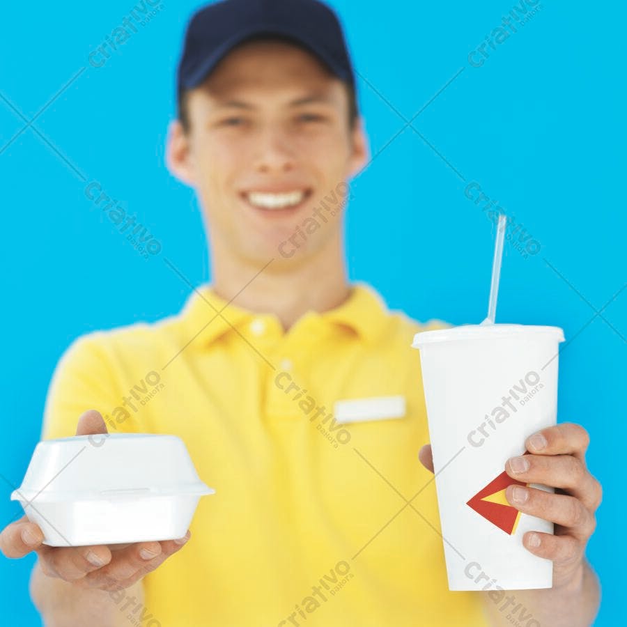 Entregador sorrindo entrega lanche e refrigerante