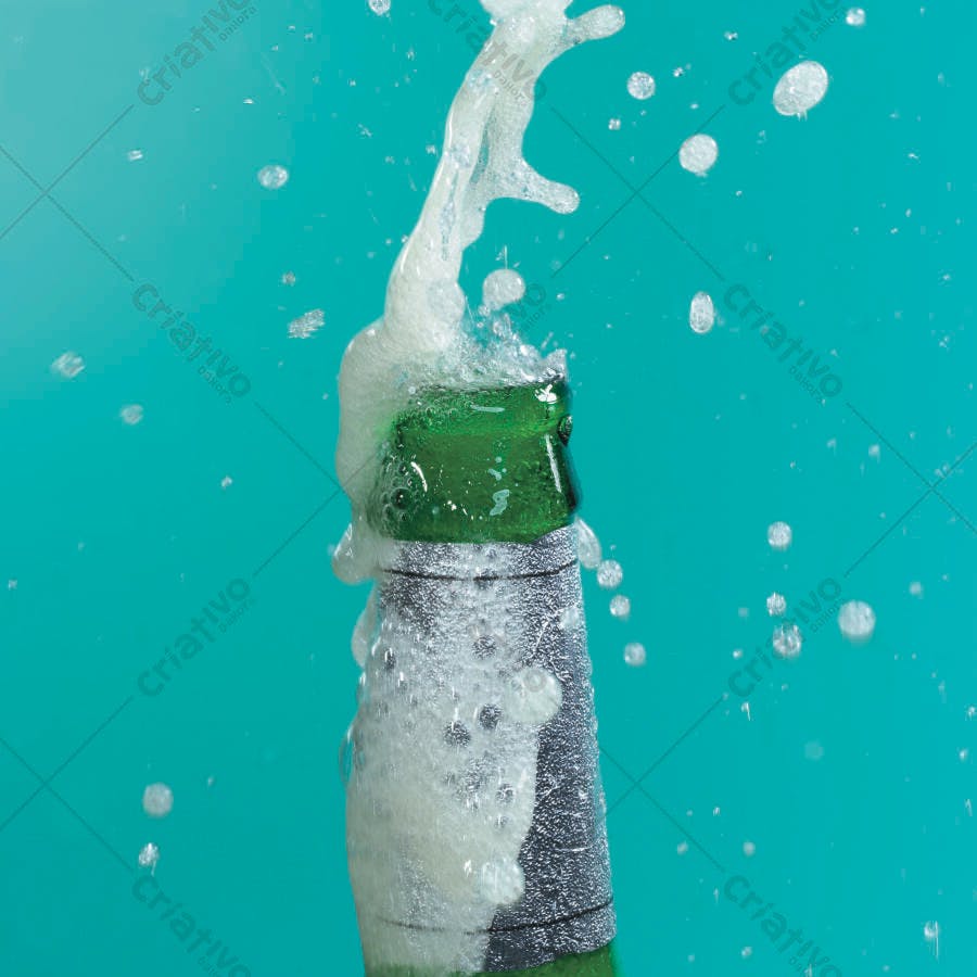 Garrafa de cerveja explodindo em fundo turquesa
