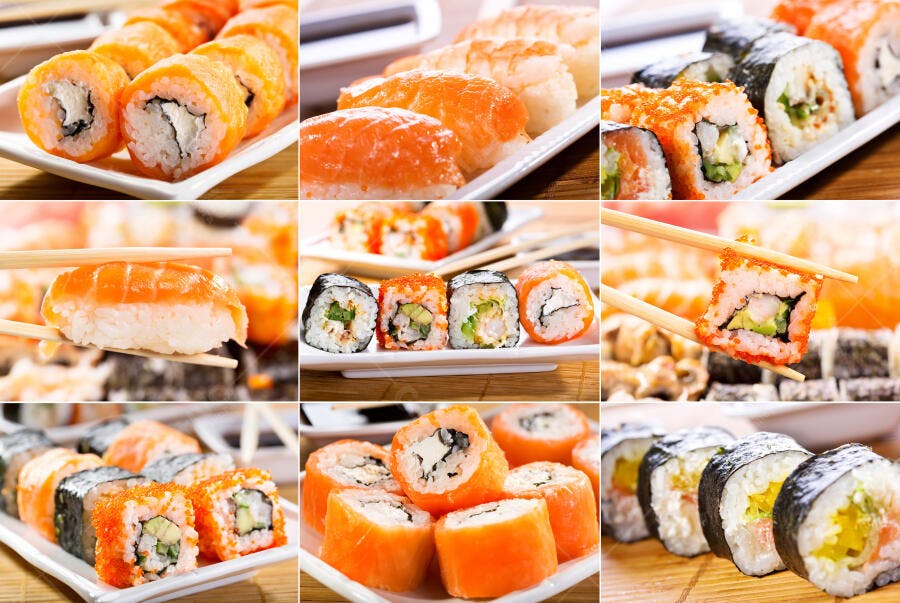 Sushi variado pratos frescos e coloridos