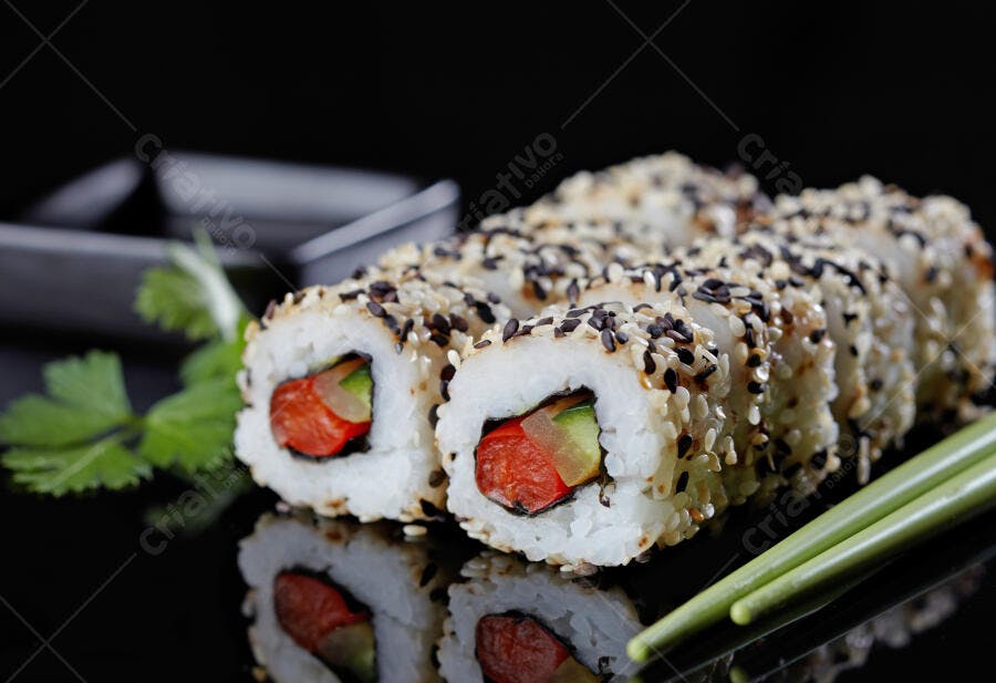 Uramaki de Salmão com Gergelim