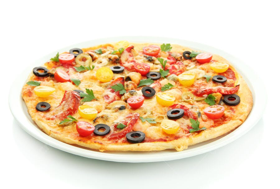 Pizza de frutos do mar e tomate cereja