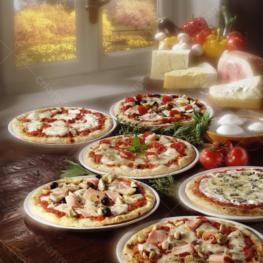 Variedade de Pizzas Italianas em Mesa de Madeira