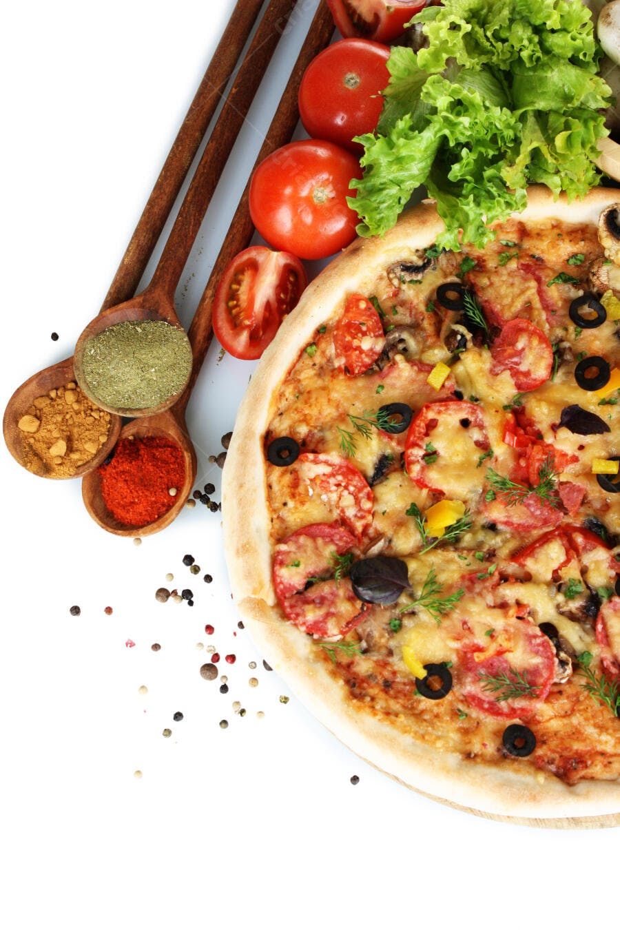 Pizza deliciosa com tomate, azeitona e cogumelos