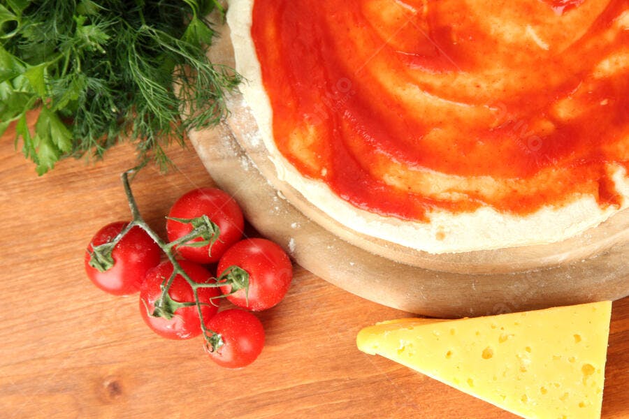 Massa de pizza com molho tomate e ingredientes