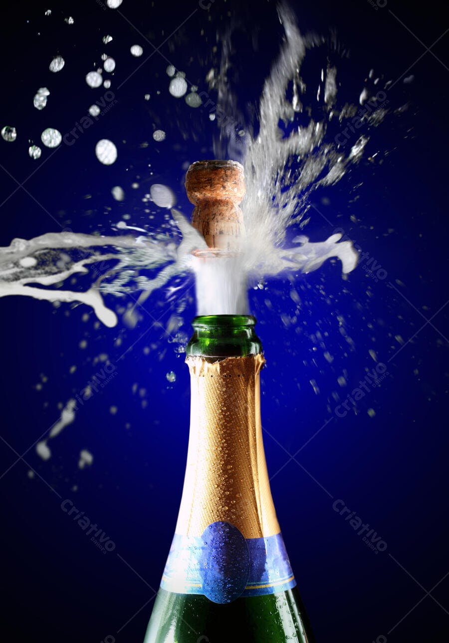 Champagne explodindo em fundo azul