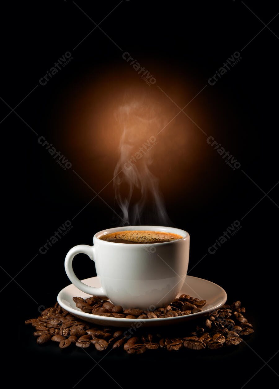 Xícara de café fumando com grãos