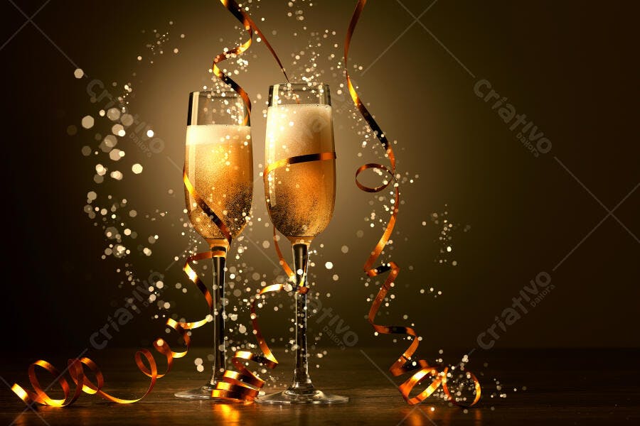 Champanhe dourado em taças com serpentinas