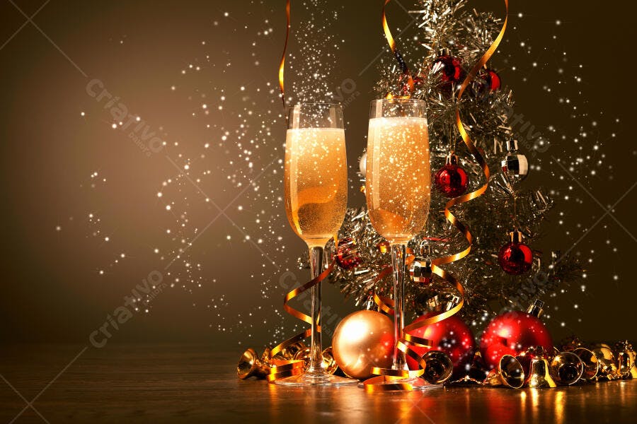Champanhe dourado e decoração natalina