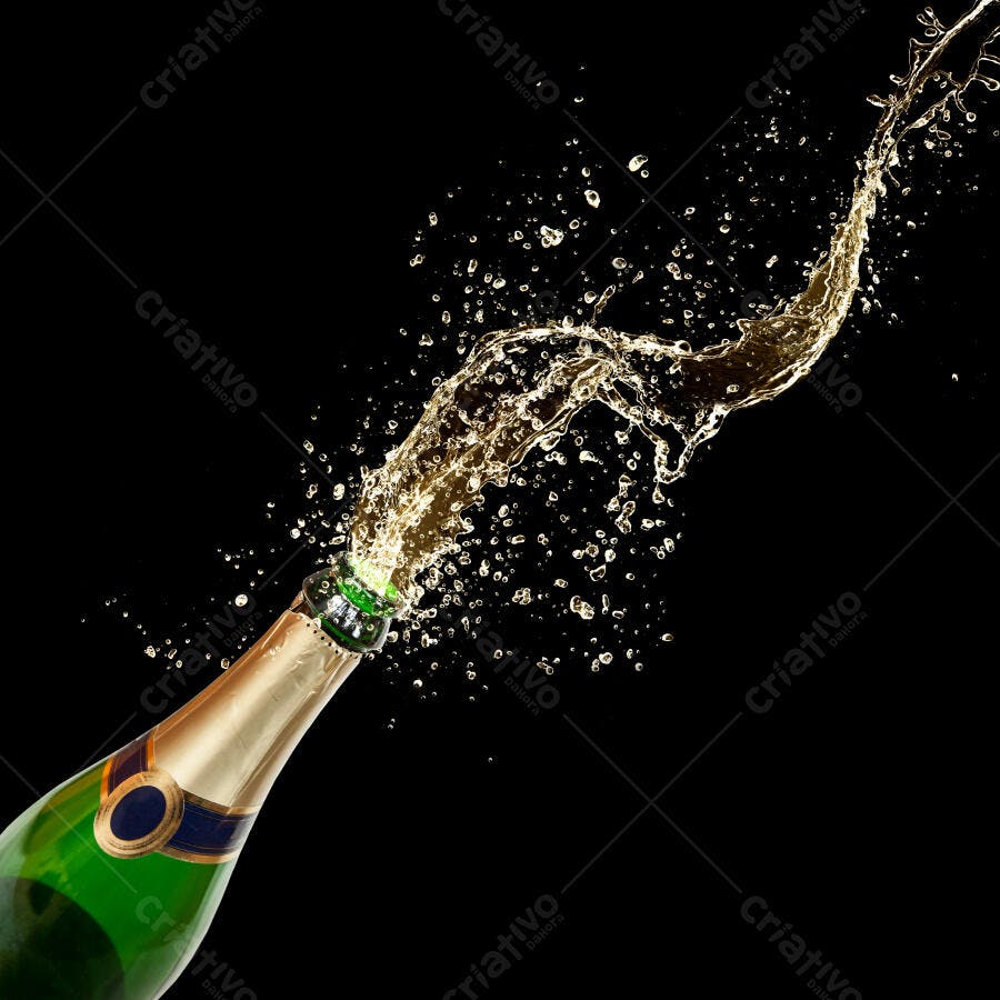 Champagne explodindo em fundo preto
