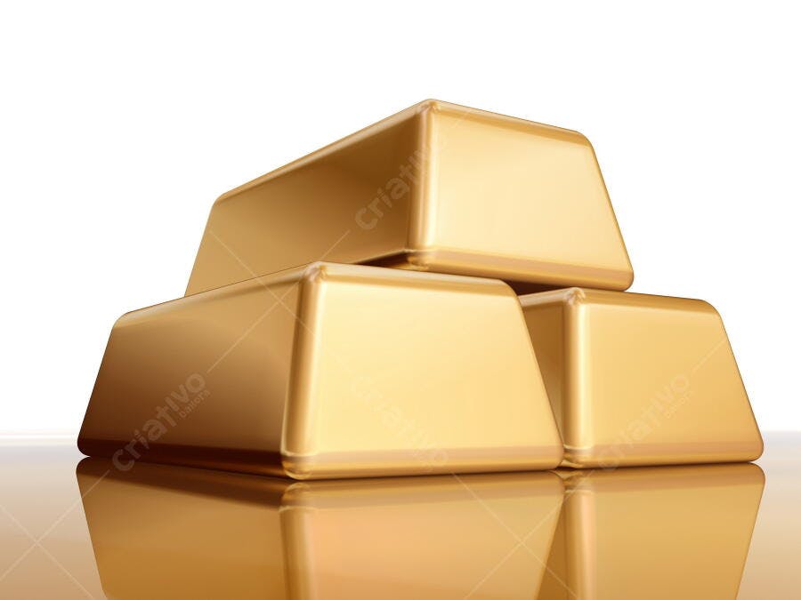 Três barras de ouro sobre superfície reflexiva