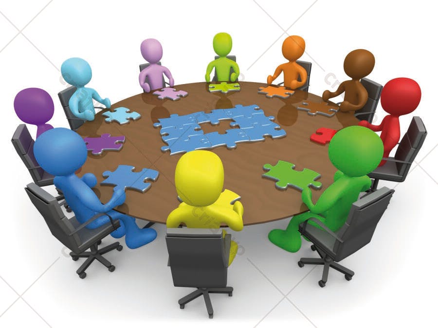 Equipe reunida resolvendo quebra-cabeça