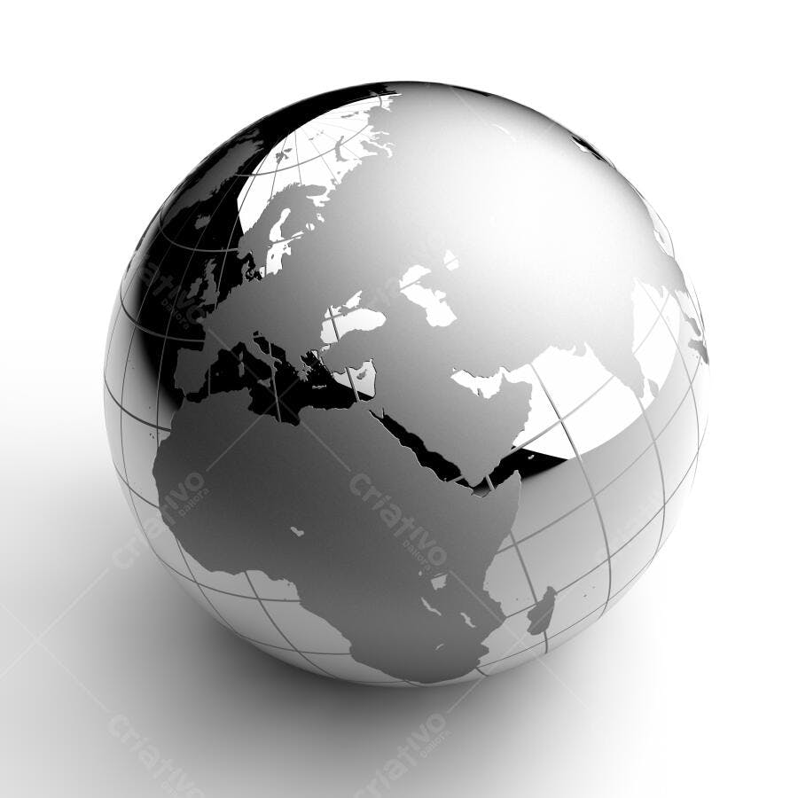 Globo terrestre metálico em tons de cinza
