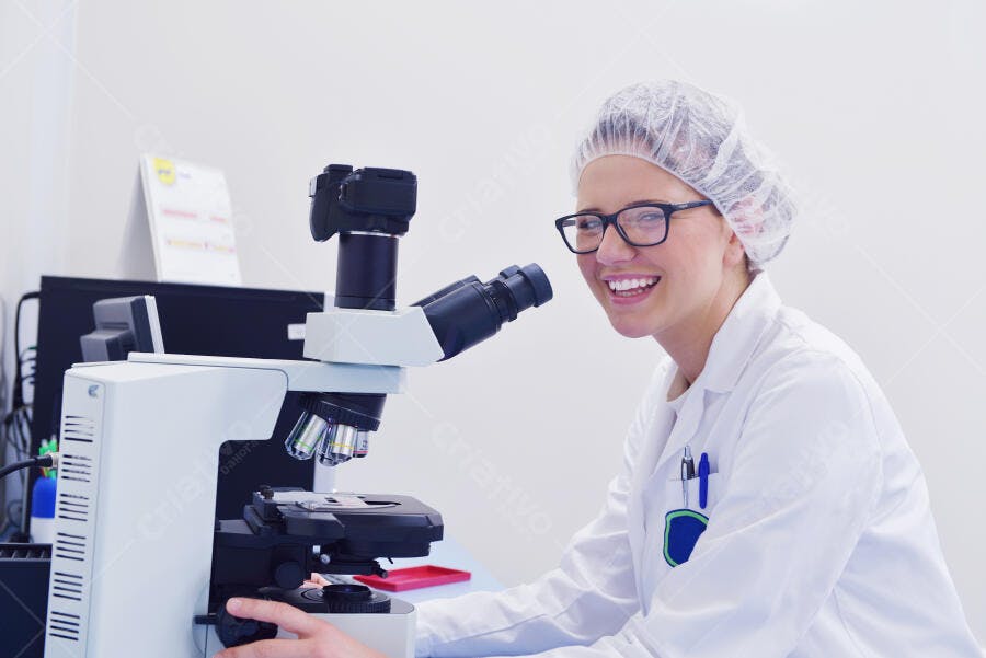 Cientista sorrindo usando microscópio laboratório