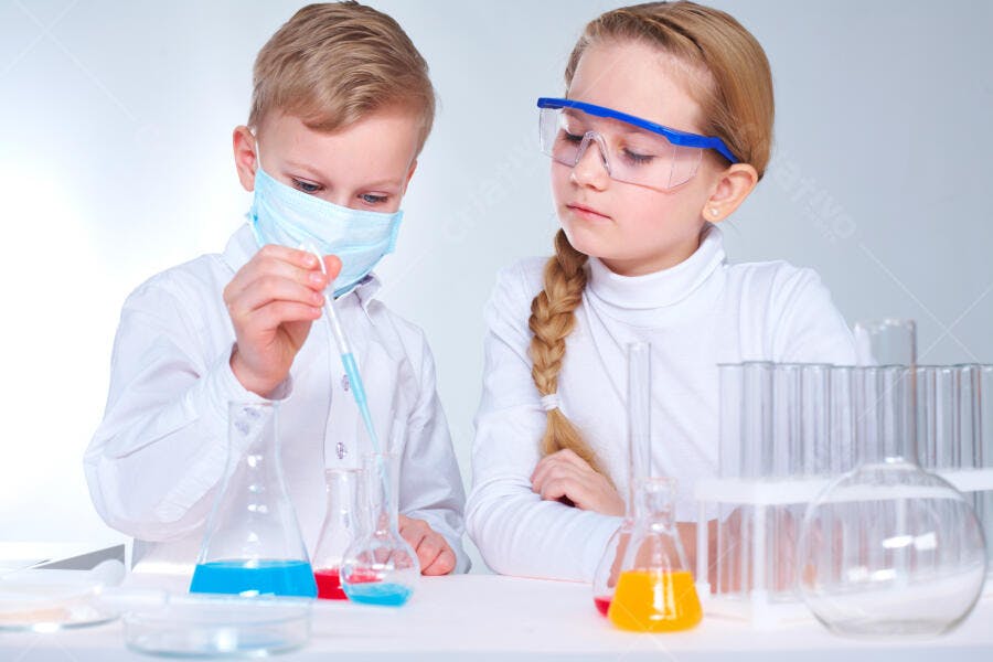 Crianças cientistas em experimento
