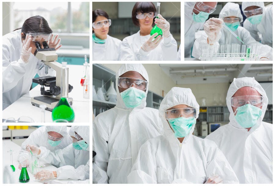 Cientistas em laboratório com líquidos verdes