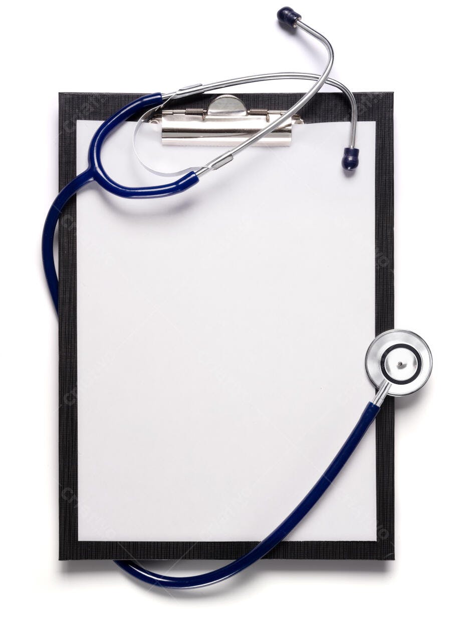 Estetoscópio e prancheta médica