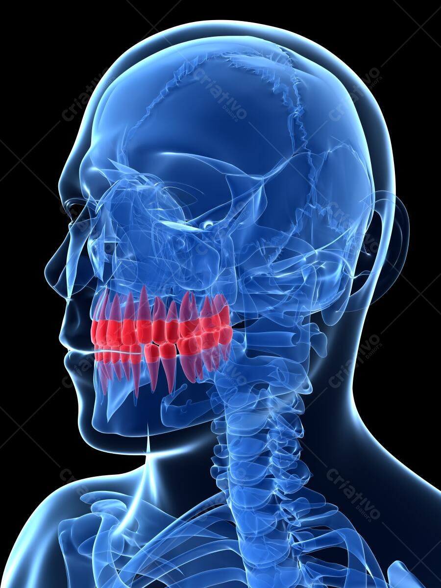 Dentes humanos em radiografia azul