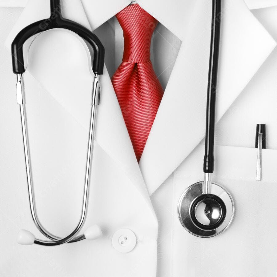 Jaleco médico com estetoscópio e gravata vermelha
