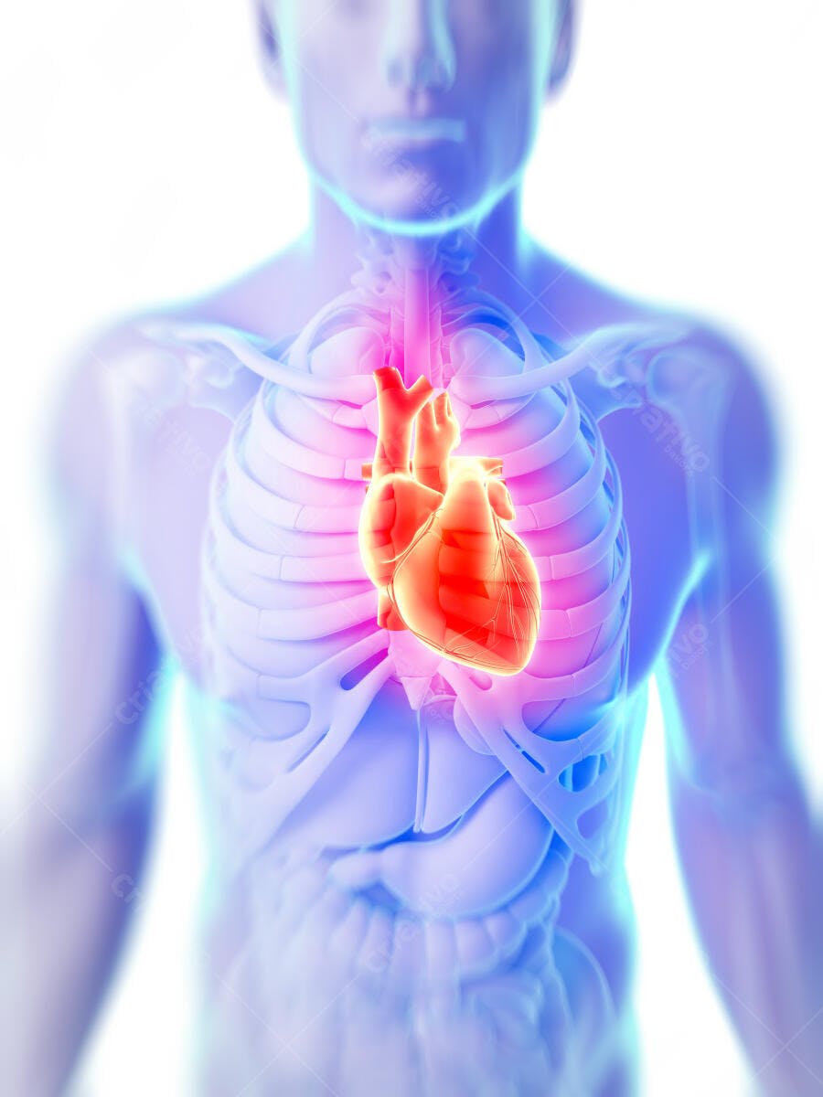 Anatomia do coração humano em tons azuis e vermelhos