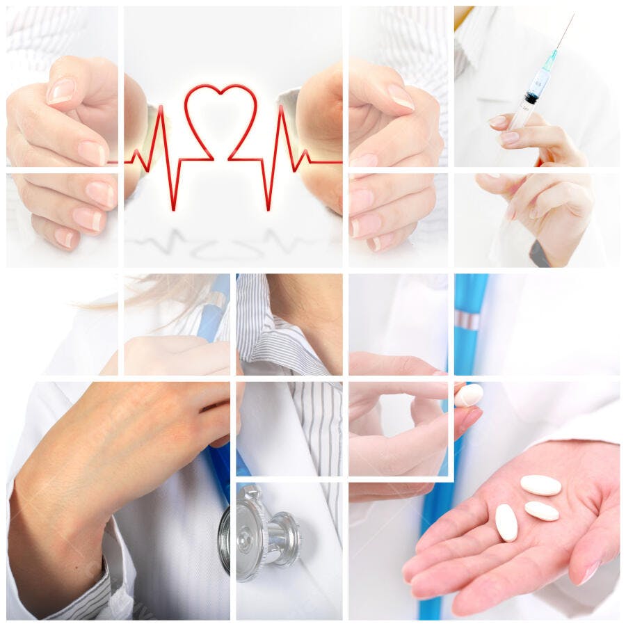 Mãos de médica segurando medicamentos e estetoscópio